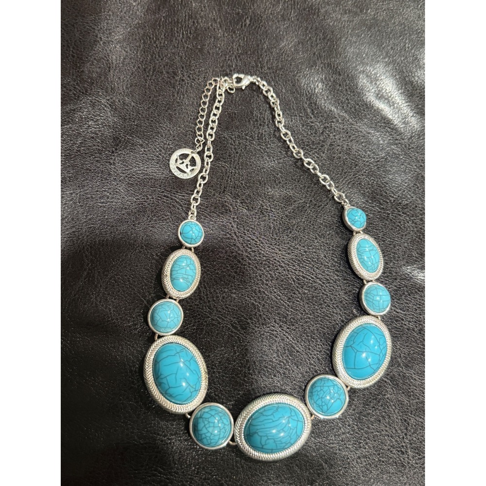 Turquoise Silver Tone Statement Necklace Chunky Boho